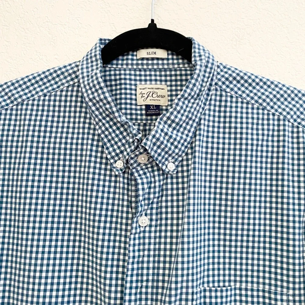 J Crew Slim Fit Stretch Gingham Button Down Shirt Mens XL Green White 98% Cotton